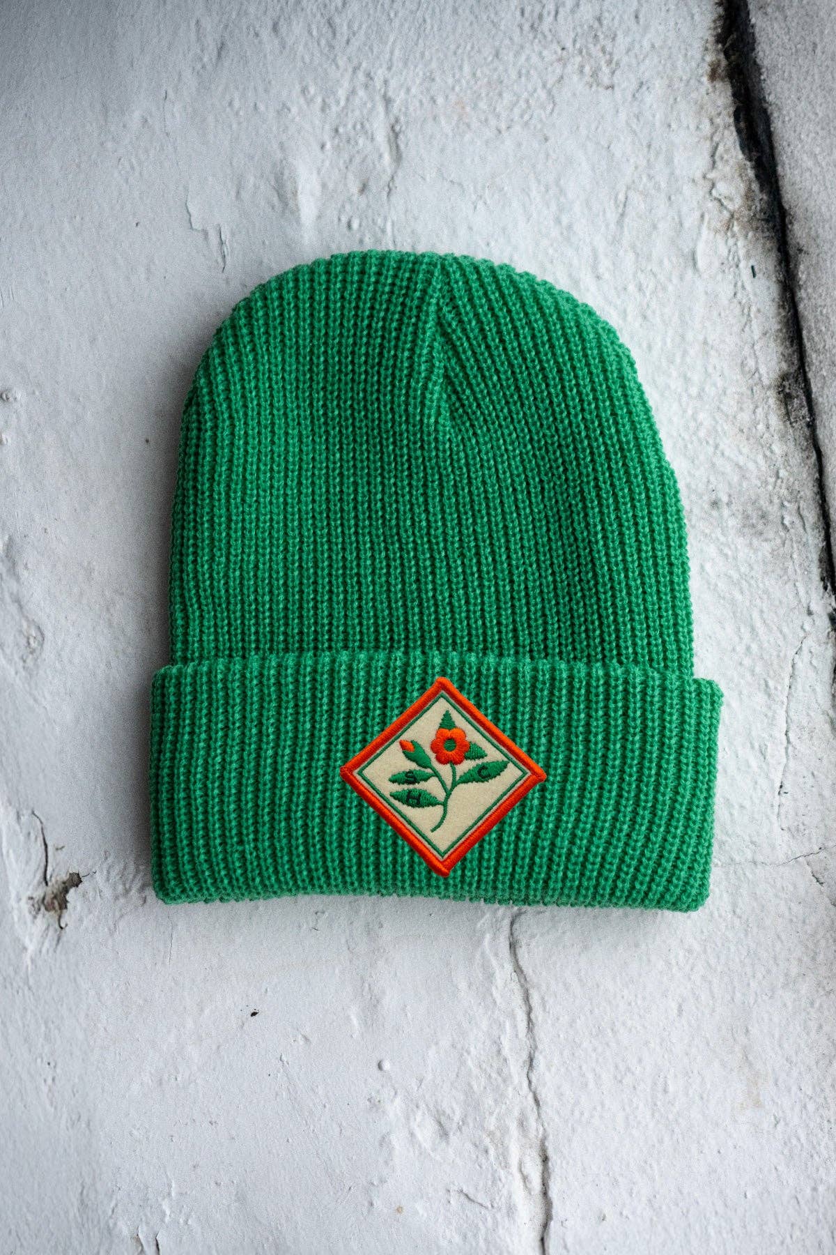 SHC Blooms Patched Shaker Stitch Beanie - stay home club Green toque