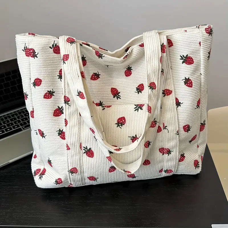 Strawberry Pattern Corduroy Tote Bag