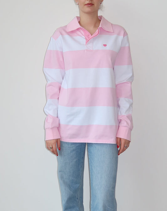Brunette The Label- The "HEART" Striped Rugby Shirt | Baby Pink & White