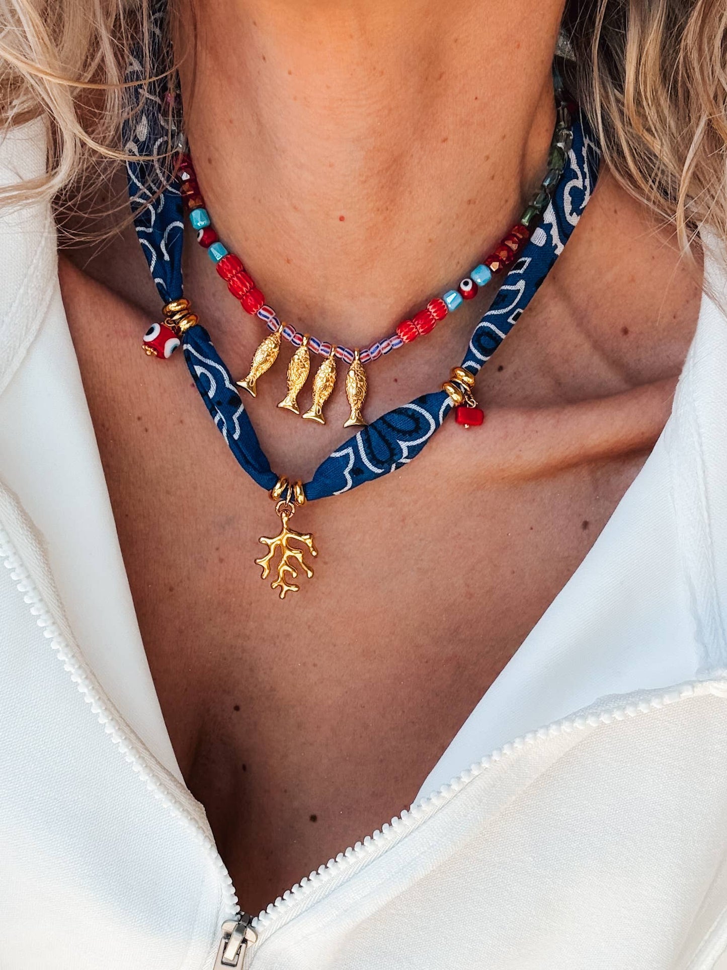 Bohemian blue bandana scarf & colorful beaded fish necklace