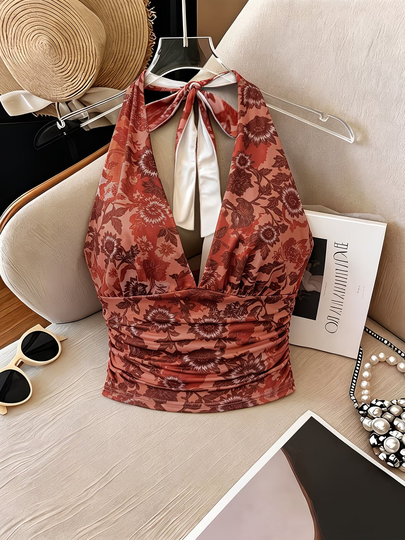 Red floral halter top (tie-straps)