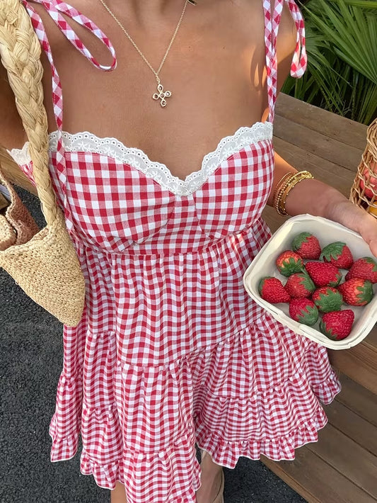 Red plaid Dress with lace