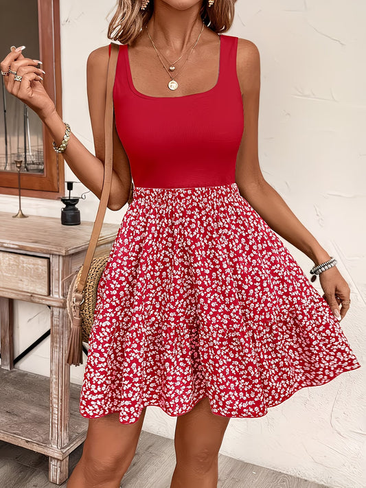 Red solid top floral dress