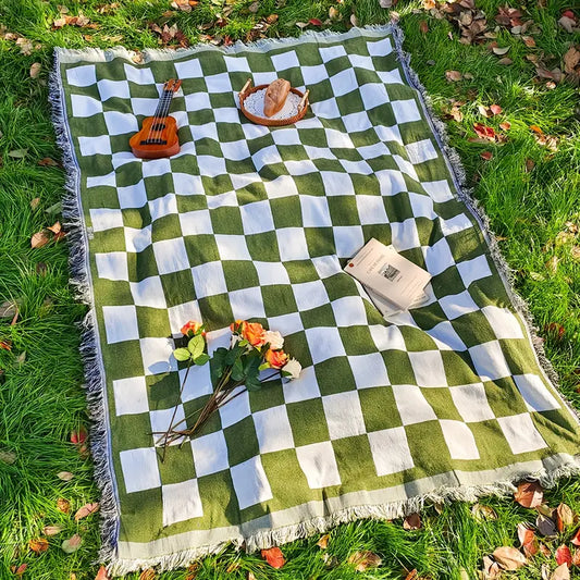 Green & White Checkered Picnic Blanket