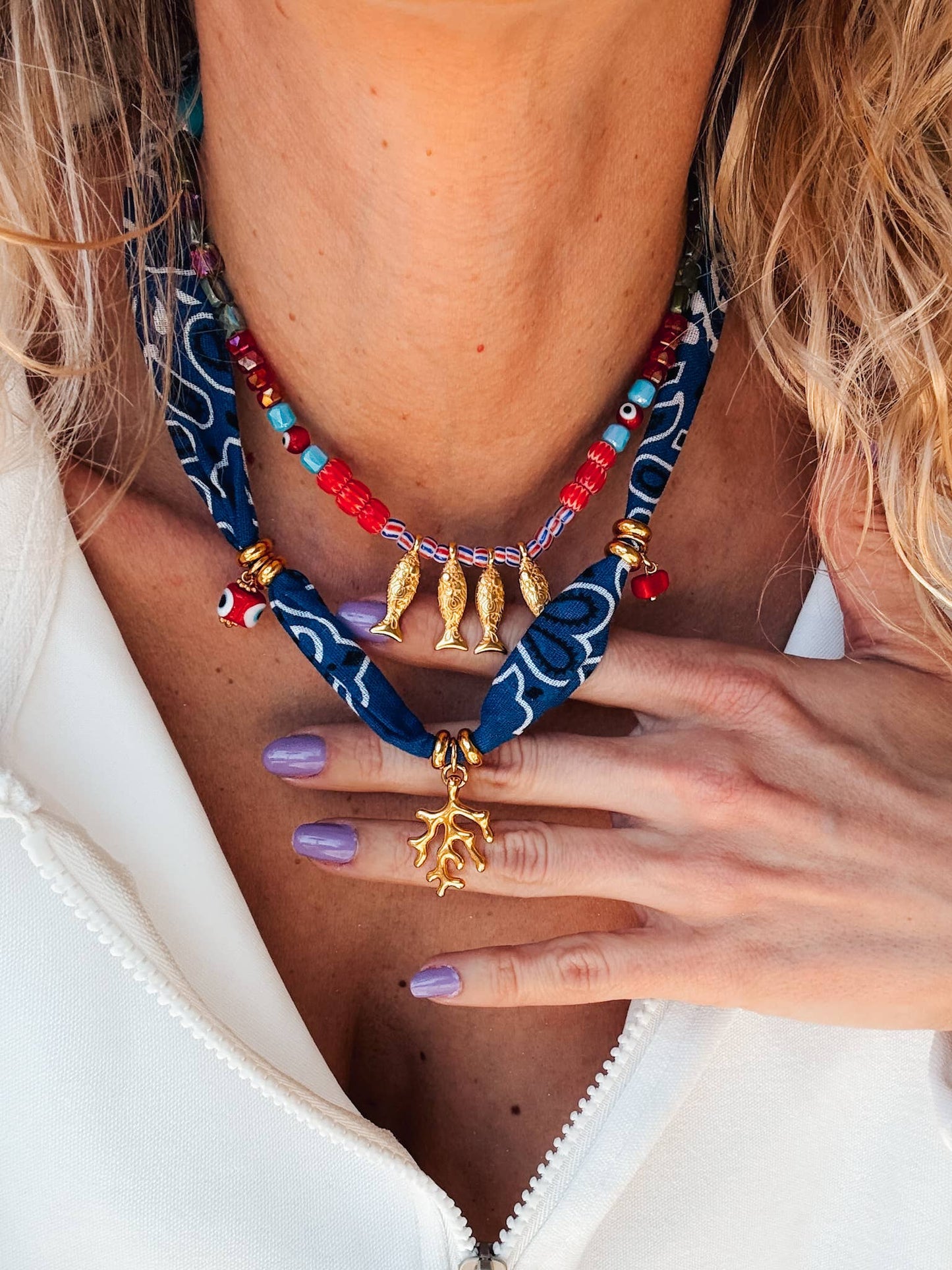 Bohemian blue bandana scarf & colorful beaded fish necklace