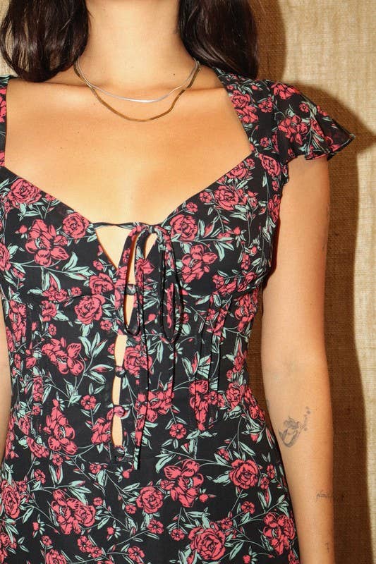 Rose Print Mini Dress with Button Front