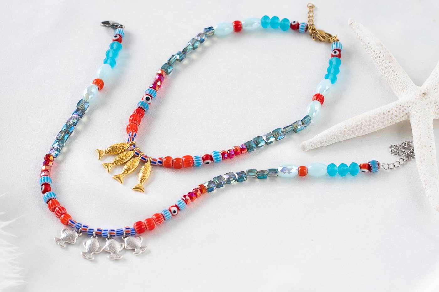 Fish beaded necklace in Greek islands colors