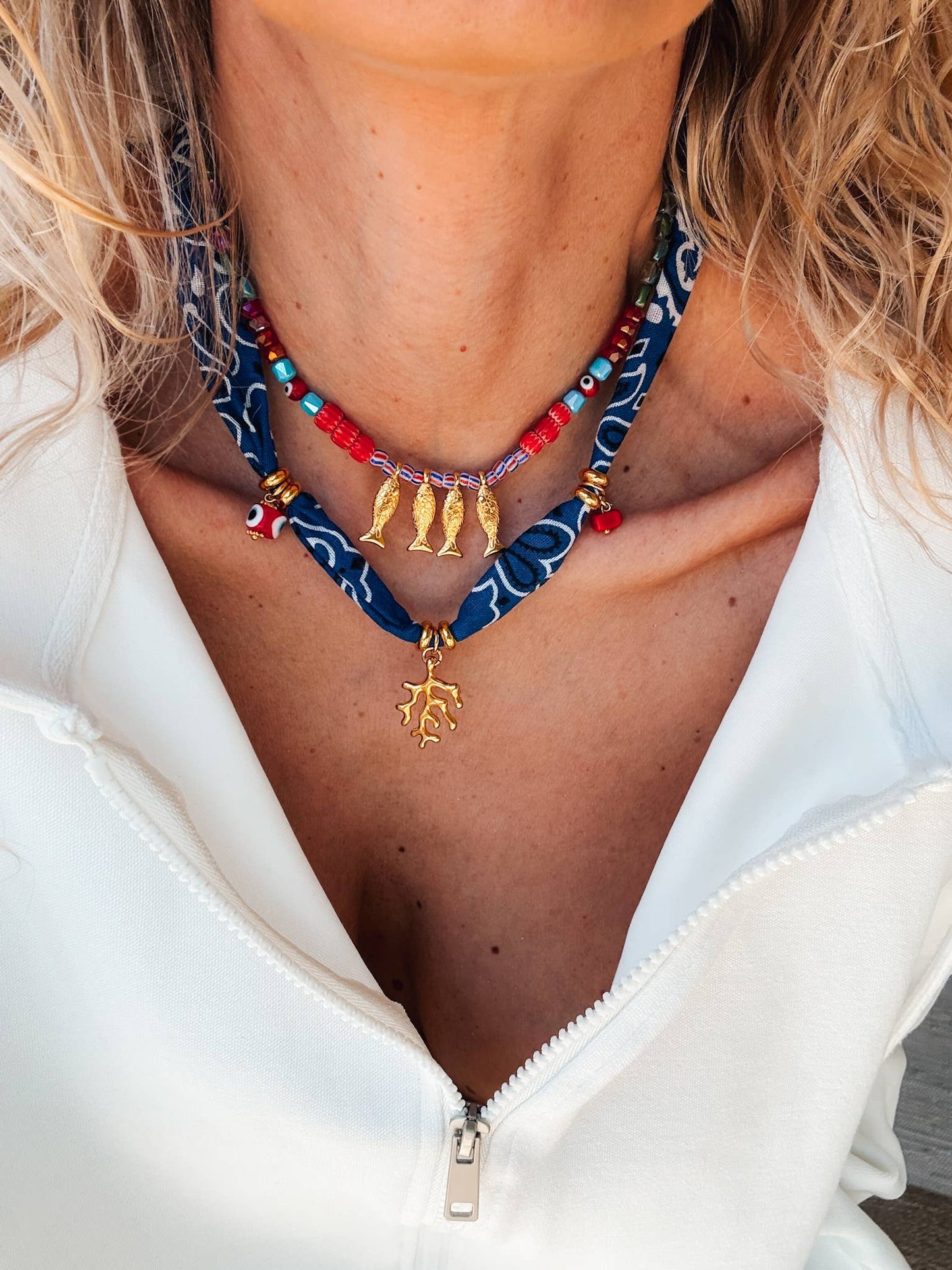 Bohemian blue bandana scarf & colorful beaded fish necklace