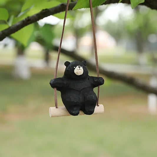 Hand Carved Wooden Bear On Swing