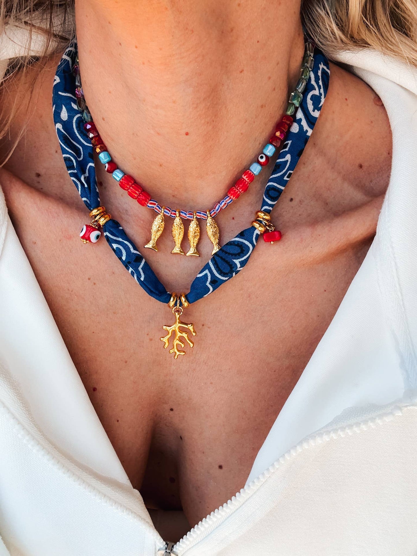 Bohemian blue bandana scarf & colorful beaded fish necklace