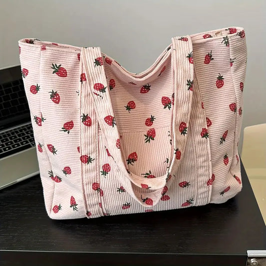 Strawberry Pattern Corduroy Tote Bag