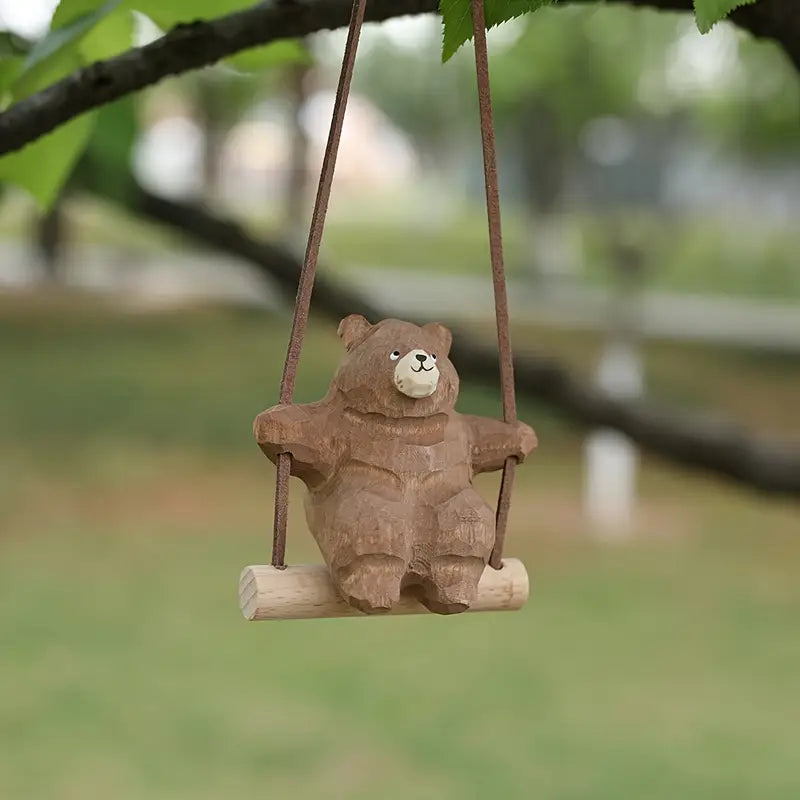 Hand Carved Wooden Bear On Swing