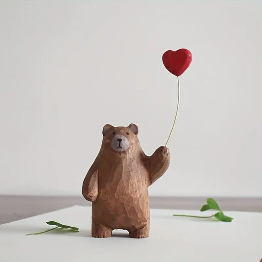 Hand Carved Wooden Bear With Heart Ornamentment
