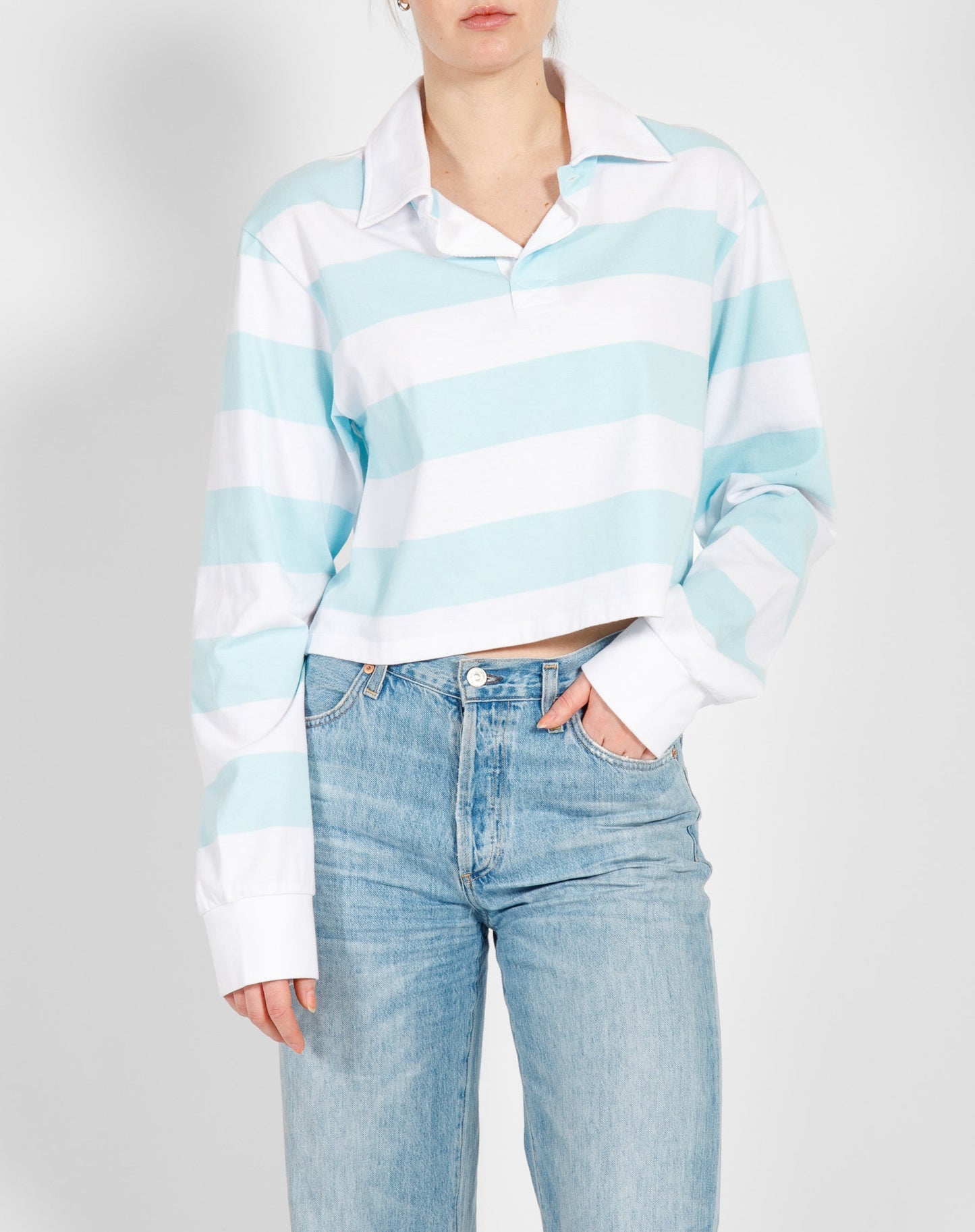 Brunette The Label- Cropped Rugby Shirt White & Baby Blue