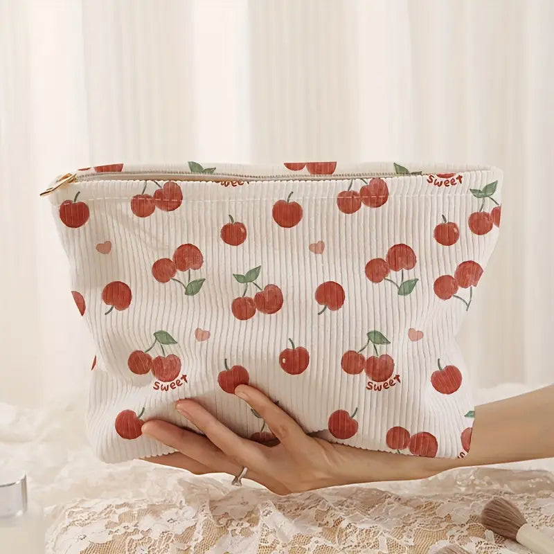 White Cherry Print Make Up Bag