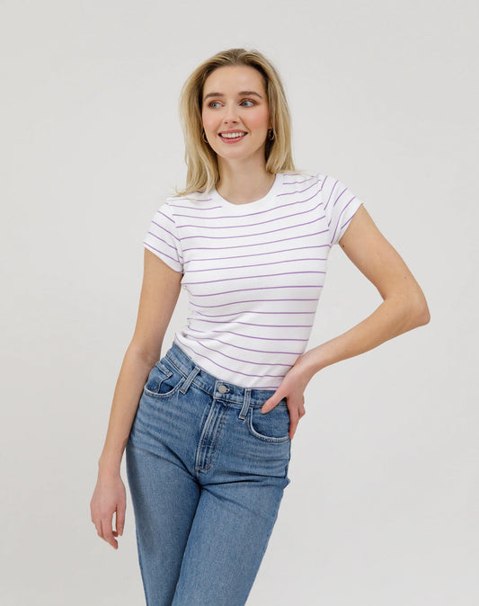 Brunette the Label - Ribbed Fitted T-Shirt White Lavender Stripe S/M