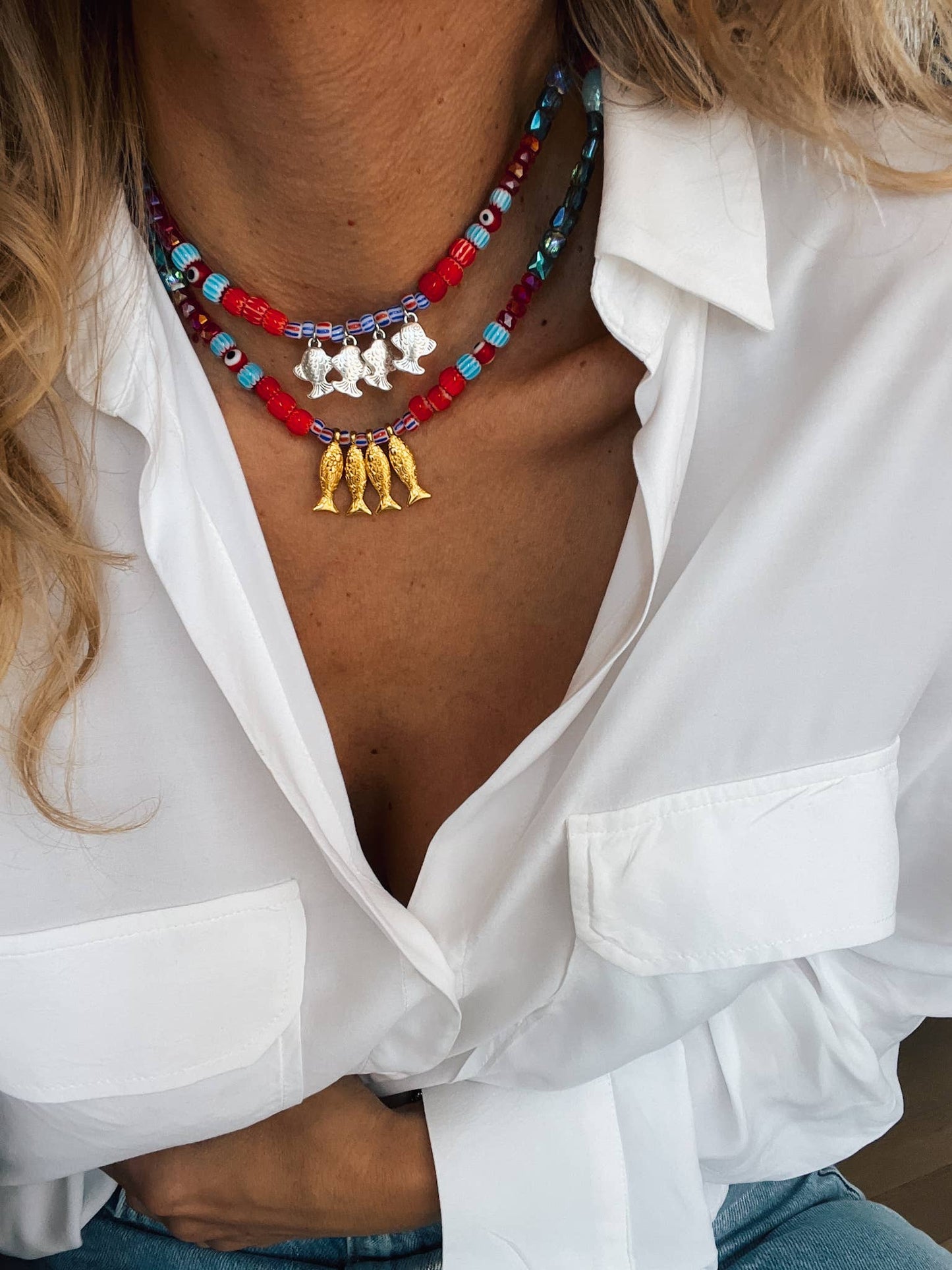 Fish beaded necklace in Greek islands colors