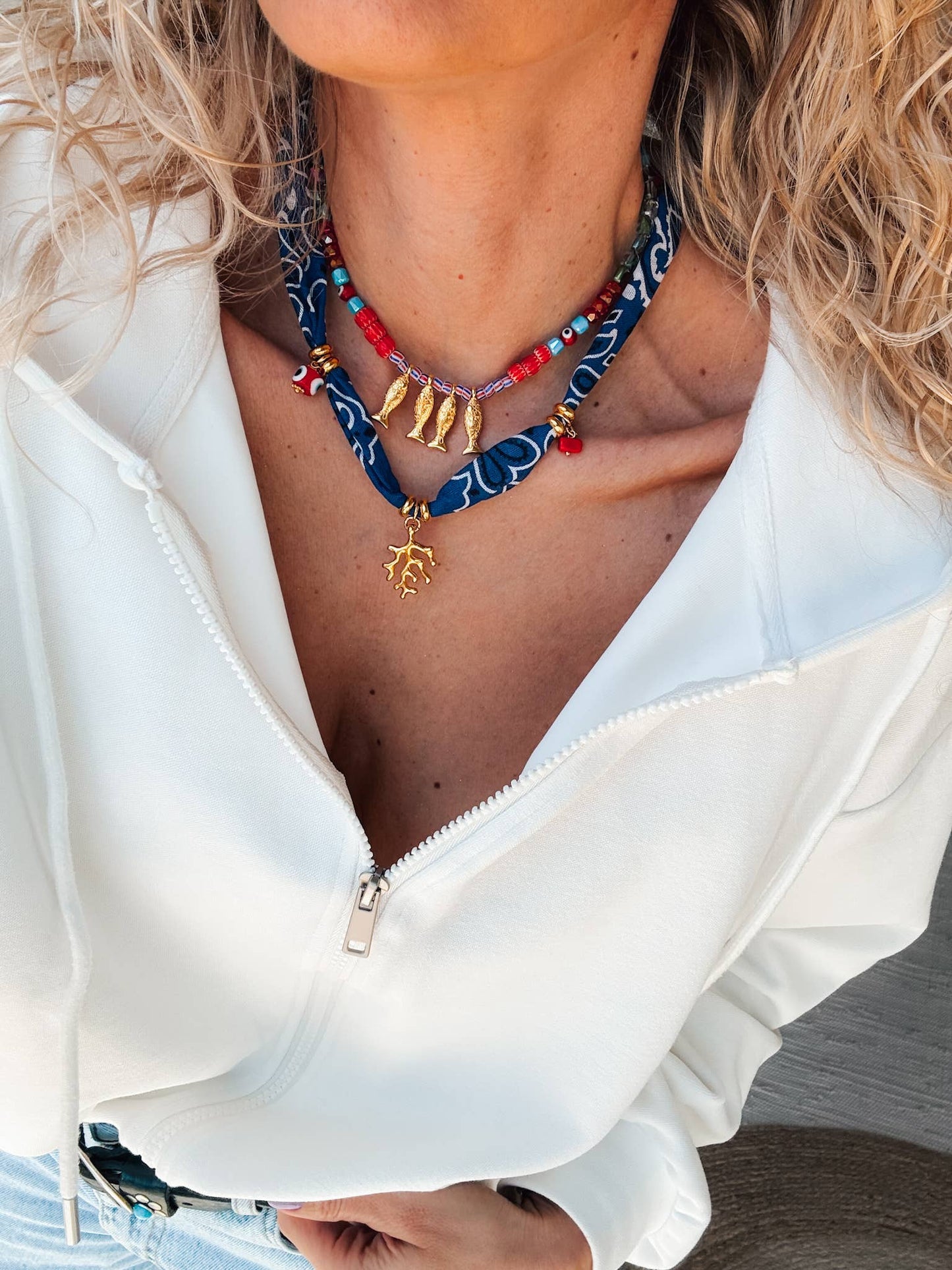 Bohemian blue bandana scarf & colorful beaded fish necklace