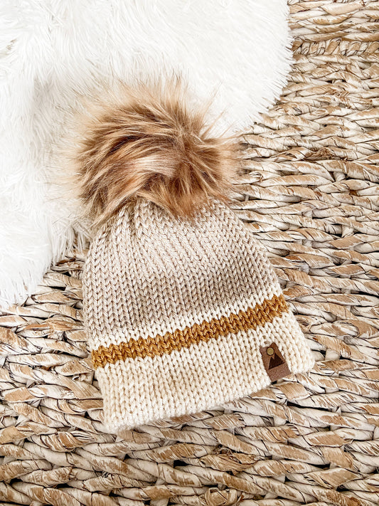 Wild Rose Designs Toddler Knit Toque Pom Pom - Cream & Mustard Striped