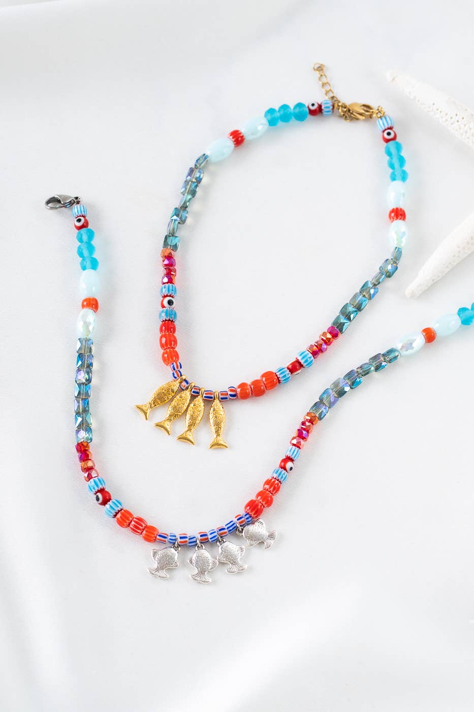 Fish beaded necklace in Greek islands colors