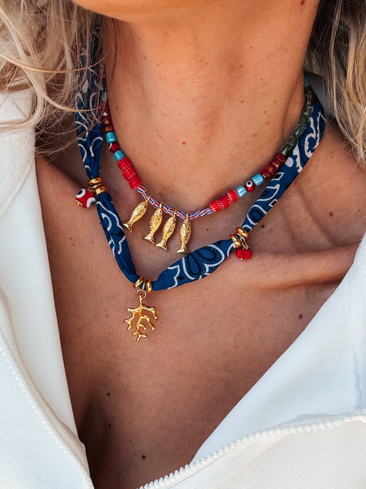 Bohemian blue bandana scarf & colorful beaded fish necklace