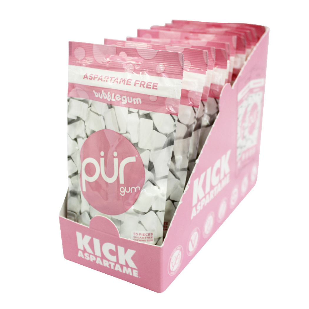 PUR 100% Xylitol Chewing Gum, Bubblegum, 12 Bag Tray